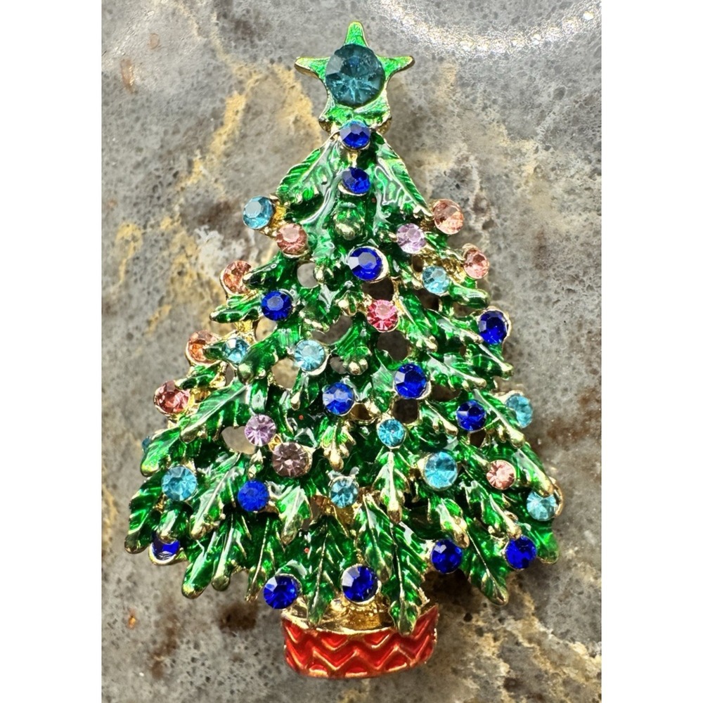 Vintage Pastel Christmas Tree Brooch Aqua Pink Blue Rhinestone Holiday Pin